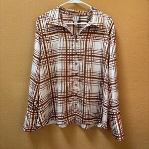 Worthington Brown White Grid Button Down Blouse Long Sleeve Office Top XL